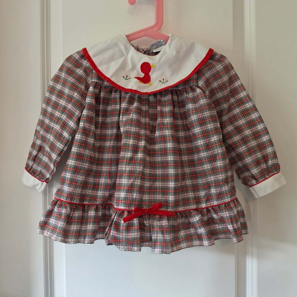 Vintage Nancy's Pet JCPenney Girls 2 Plaid Christmas Dress Duck Embroidered